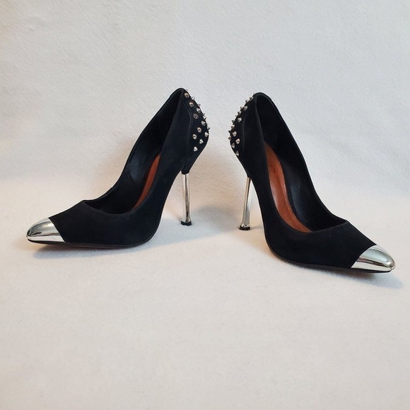Schutz Black Leather Pointed Toe Slip On Silver Spikes and Stiletto Heel Sz 6.5B - Picture 4 of 8